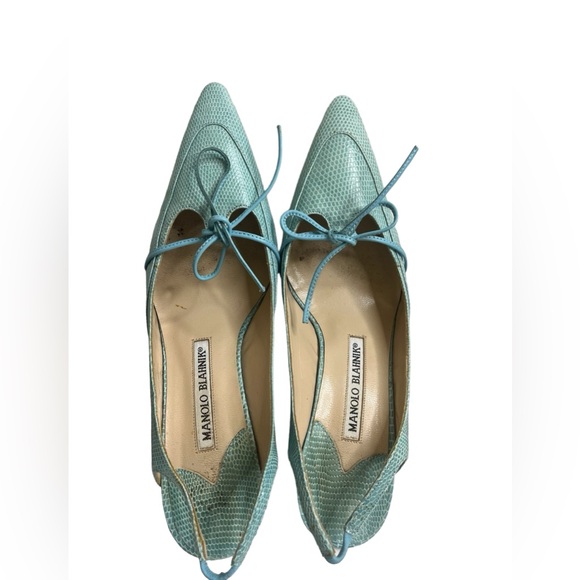 MANOLO BLAHNIK Reptile Skin Leather SHOES Slingbacks Heels Pump blue size 37 - Picture 12 of 15